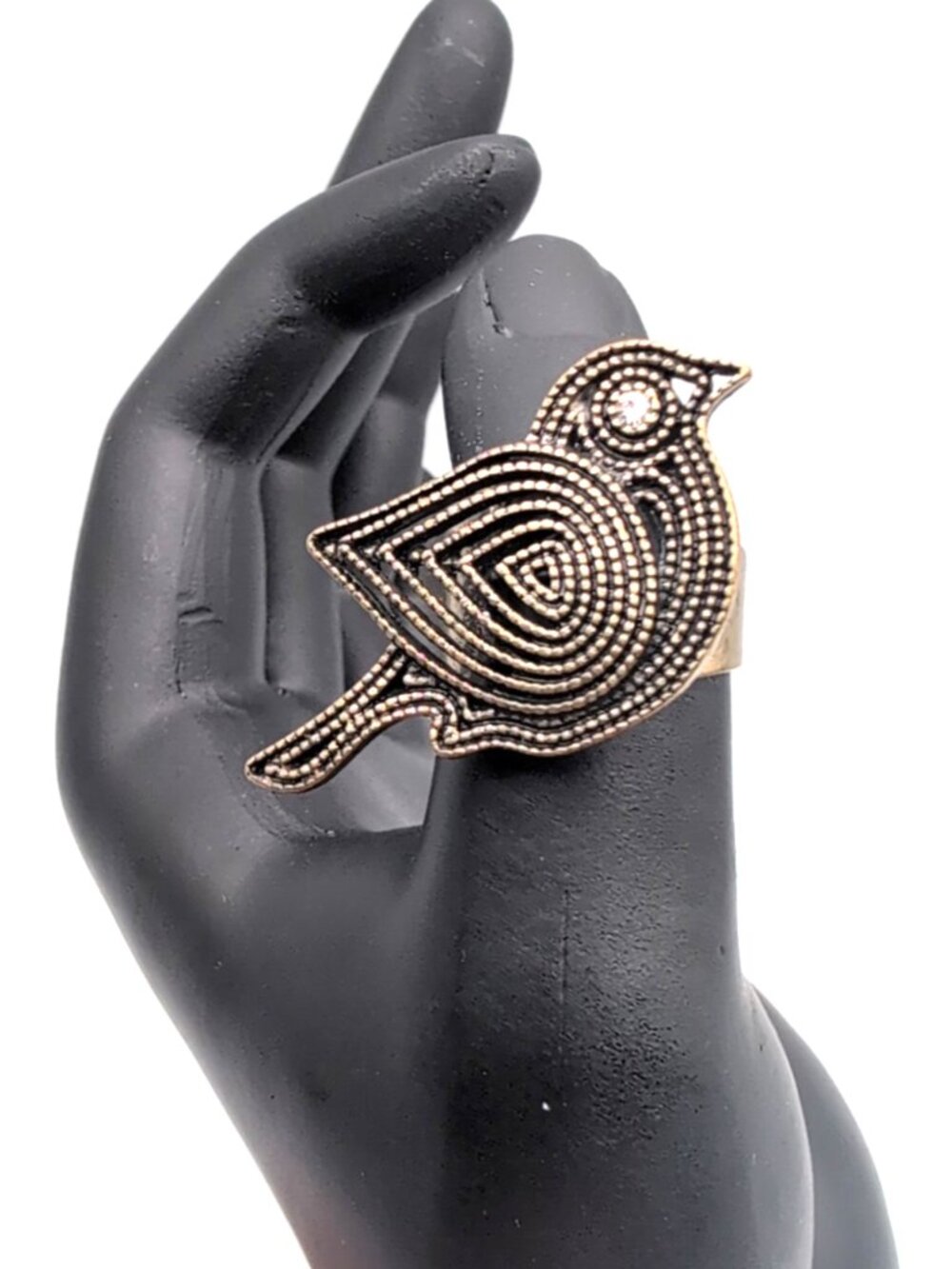 Vintage Bronze/Brass Colored Filigree Bird Ring w/ Crystal Eye sz 8 Adjustable